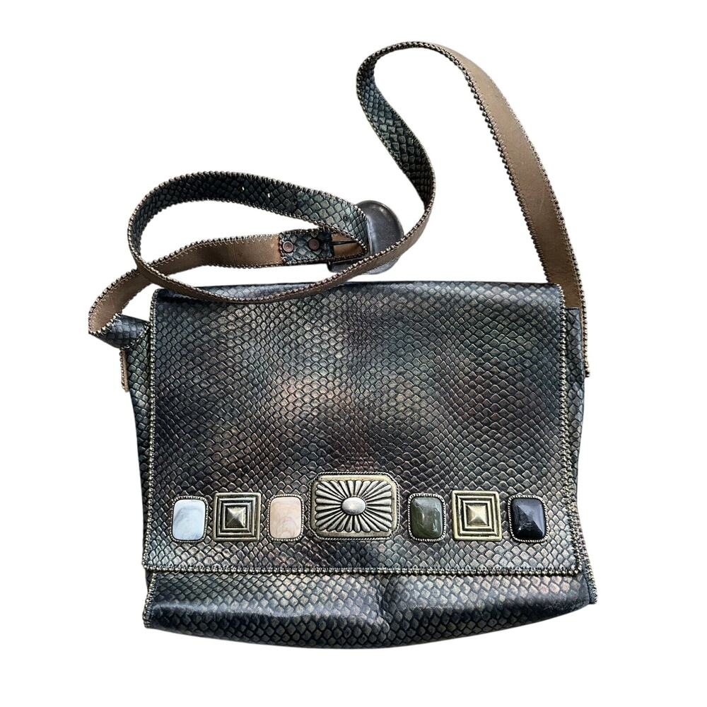 1992 Nina Arjani Leather 12x10" Shoulder Bag Cross Body‎ Metallic Gold Snakeskin
